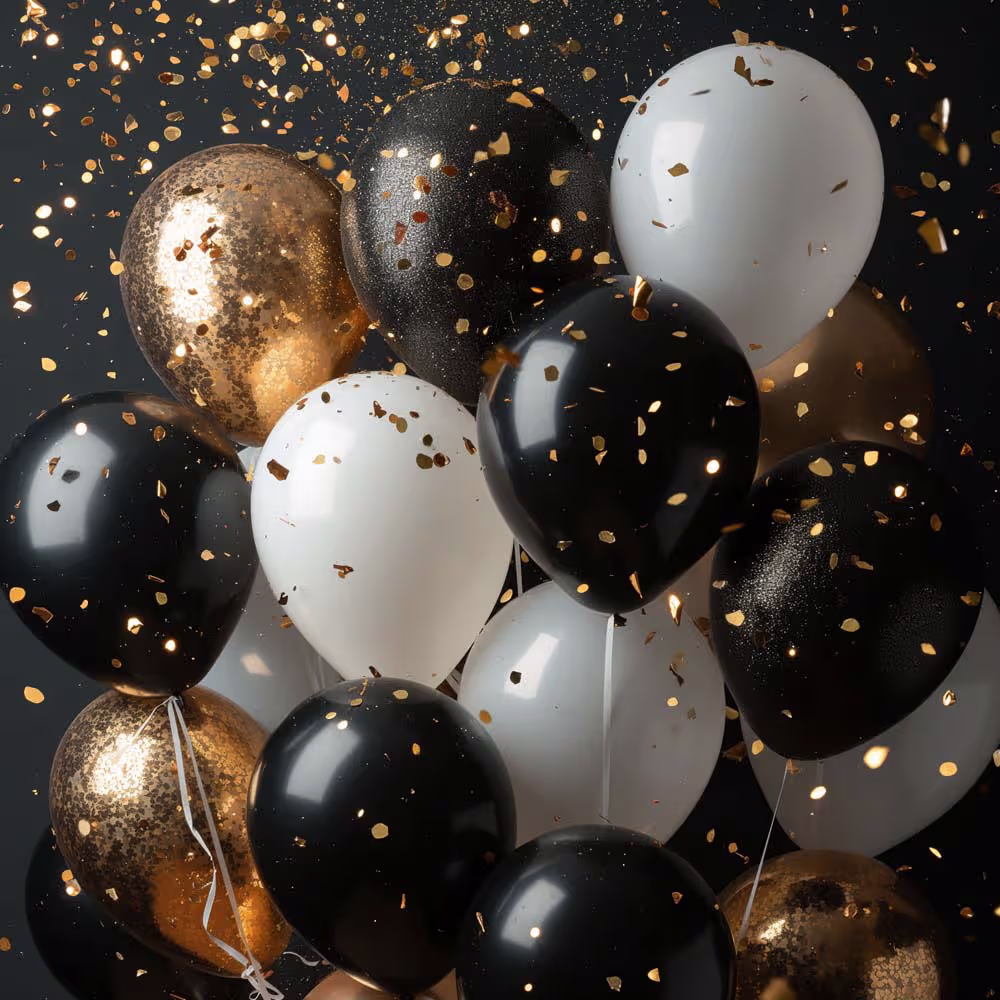 Foto weisse schwarze und goldene Luftballons mit goldenen Konfettiregen zum Jubil&auml;um